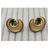 Vtg Trifari Satin Green Stone Clip Earrings