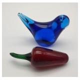 Glass Red Pepper & Bird Paperweights 2"