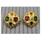 Vtg Maresca Etruscan Multi Gems Clip Earrings