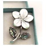 SS .925 Mother of Pearl Flower Brooch 2 3/4"