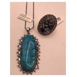 Turquoise Necklace & Ring size 7 Silver