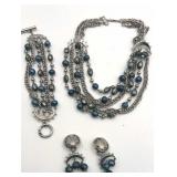 Blue Tone Necklace, Clip Earrings Bracelet Set