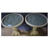 Two Indo resin carved side tables with elegant