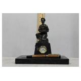 Figural Pen Holder on Marble Base with Clock and