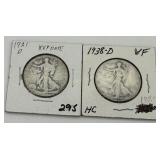 Two Walking Liberty Half Dollars: 1938-D and 1921-