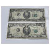 2x$ - Two 1977 US $20 Federal Reserve Note - "B"