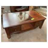 WOODEN GLASS TOP COFFEE TABLE, 50 IN X 30 IN X 17.