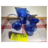 GROUP OF BLUE COLORED GLASS DECORATIVE ITEMS, HAT