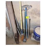 GROUP OF YARD TOOLS, SHOVEL, PIPE BENDER, ETC