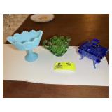 GROUP OF CANDY DISHES, ONE IS FENTON GLASS, GREEN