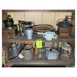 TWO SHELVES OF VINTAGE COFFEE GRINDERS, JARS, ETC