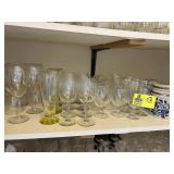 MISC GROUP OF GLASSWARE AND JUICERS, TOP SHELF OF