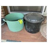 TWO LARGE ENAMEL COATED CANNING POTS, ONE WITH LID