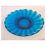 VINTAGE RUFFLED BLUE GLASS FOOTED PLATE TRAY