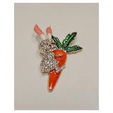 RABBIT WITH CARROT & RHINESTONE VTG STYLE BROOCH