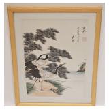 SIGNED JAPANESE SILK PAINTING BIRDS ON RIVER BANK