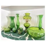 vintage Green Glass decor and doilies sitting