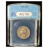 1963 Silver Washington quarter AU50 ANACS