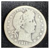 1911 Silver Barber Quarter