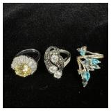 (3) silver finish designer rings size 7