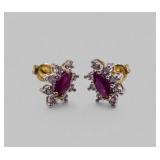 10kt YELLOW GOLD RUBY AND DIAMOND CLUSTER EARRINGS