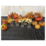 Glass pumpkins, glass vases w/flowers