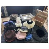 Antique makeup travel case, frame, hats &