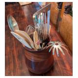 Hand Turned Mahogany Utensil Holder w/ Utensils