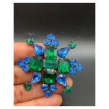 Vintage blue and green rhinestone brooch pin