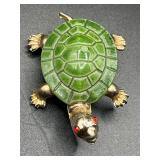 Vintage Gold Tone Green enamel Turtle red rhinesto