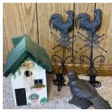 Handpainted bird house, rooster candle holders,