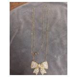Gold Toned Bow & Clear Stones Necklace & Pendant