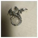 Silver toned Dragon Pendant w White Stone