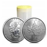 Roll of 25 Canadian Silver Maple Leaf Coins