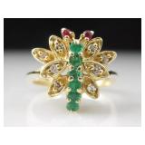 Estate 14K Yellow Gold Genuine Emerald Ruby Ring