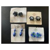 Vintage Earrings, Clip Ons. Black, Blue