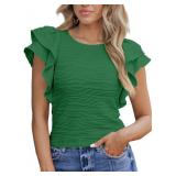 SHEWIN Womens Tops Casual Crewneck Ruffle Short Sl