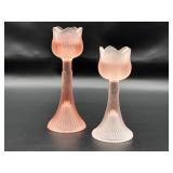 VIntage Pink Tulip Frosted Glass Candle Holders