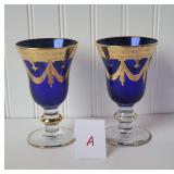 2 Cristallerie Italiane Cobalt & 24K Gold Goblets