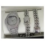 3pc Set Silver Plated Miami Cuban Link Cubic