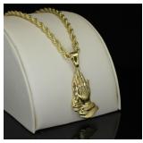 Praying Hands Pendant Cz 24" Rope Chain Necklace