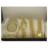 3pc Set Gold Plated Miami Cuban Link Cubic