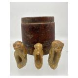 Stone see no evil monkeys & wood jar