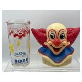 Vintage bozo the clown bank and glass