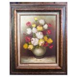 Vintage signed oil painting vase of flowers