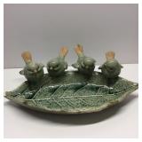 Vtg Green Ceramic Leaf Serving Dish w/4 Birds Chip