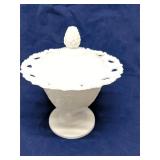 Lace Edge Milk Glass lidded candy dish