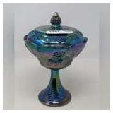 CARNIVAL GLASS IRIDESCENT BLUE HARVEST GRAPE PATTERN COVERED COMPOTE CANDY DISH