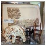 VINTAGE SONOMA COUNTY ARTIST PROOF DRAWING, ALASKAN BEAR FIGURINE, AND DOLLHOUSE FURNITURE