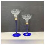 Romanian blue stemmed crystal candlestick holders set of two, see pictures for details.